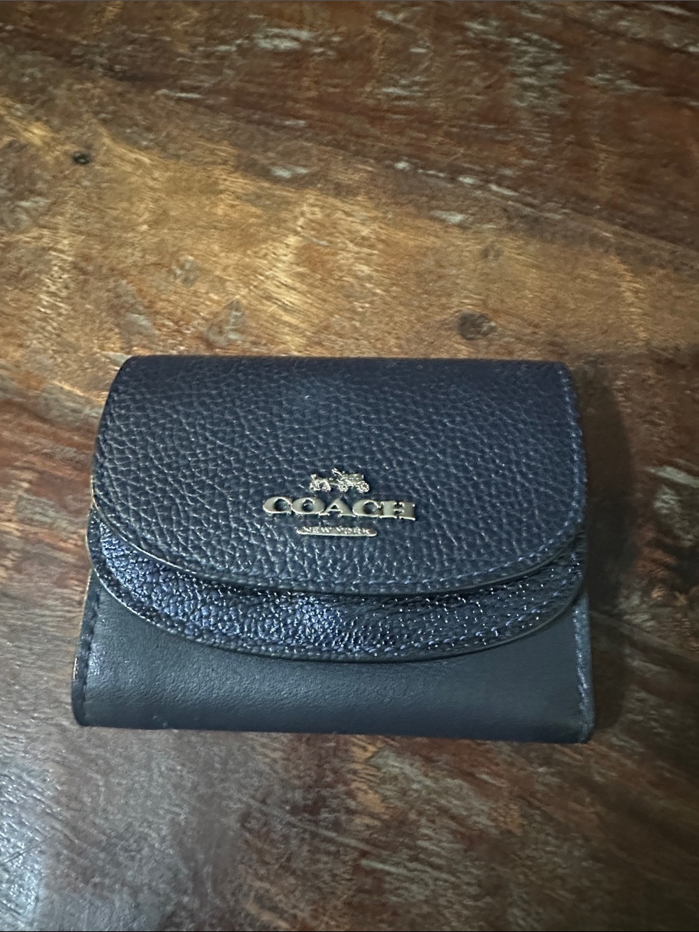 COACH Navy Pebbled Leather Compact Card Holder with Gold Logo